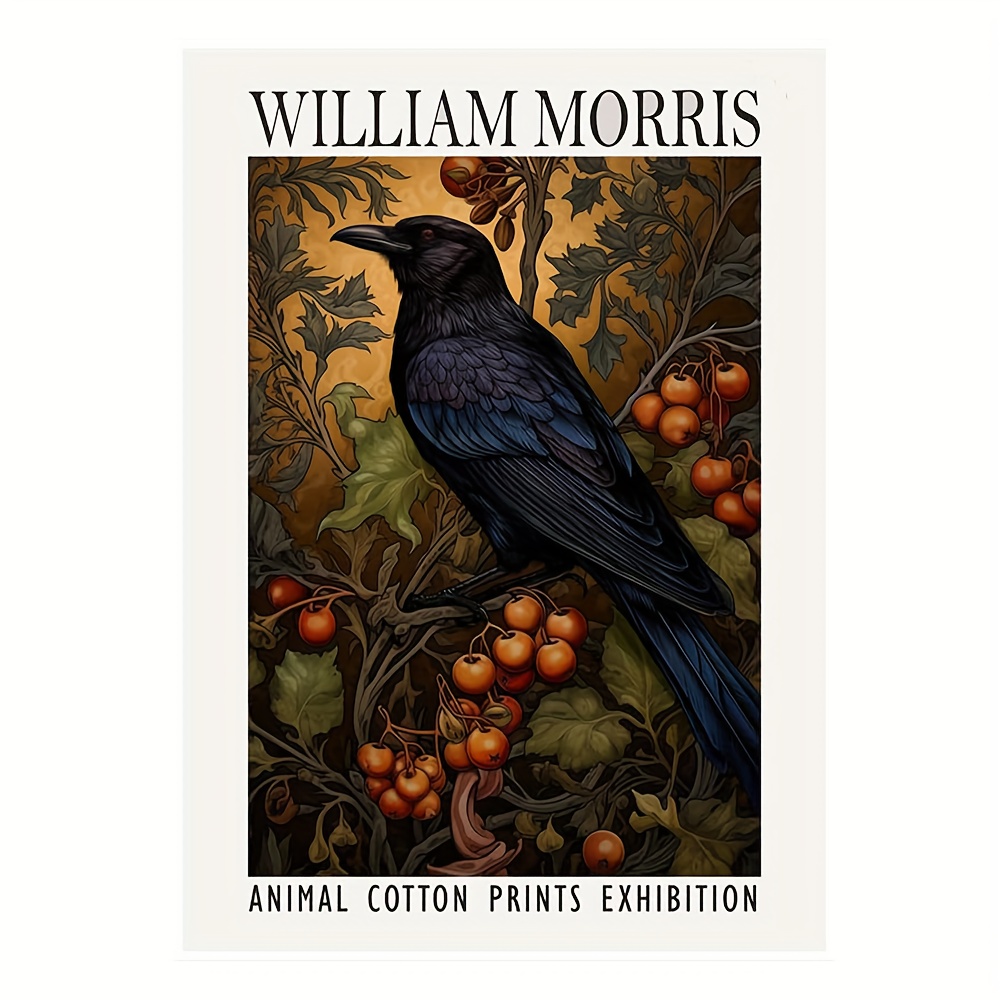 

William Morris Style Crow Canvas Print - Animal Cotton Exhibition Vintage Textiles Poster, 12x16inch Unframed Cloth Wall Art, Luxury Traditional Berries Painting, Water-resistant Anti-fading.
