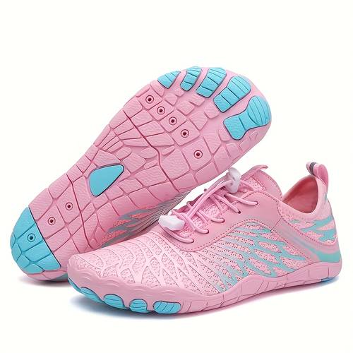 womens breathable lightweight barefoot hiking white with pink accents striped mesh upper cushioned eva insole non slip rubber sole for outdoor walking casual wear