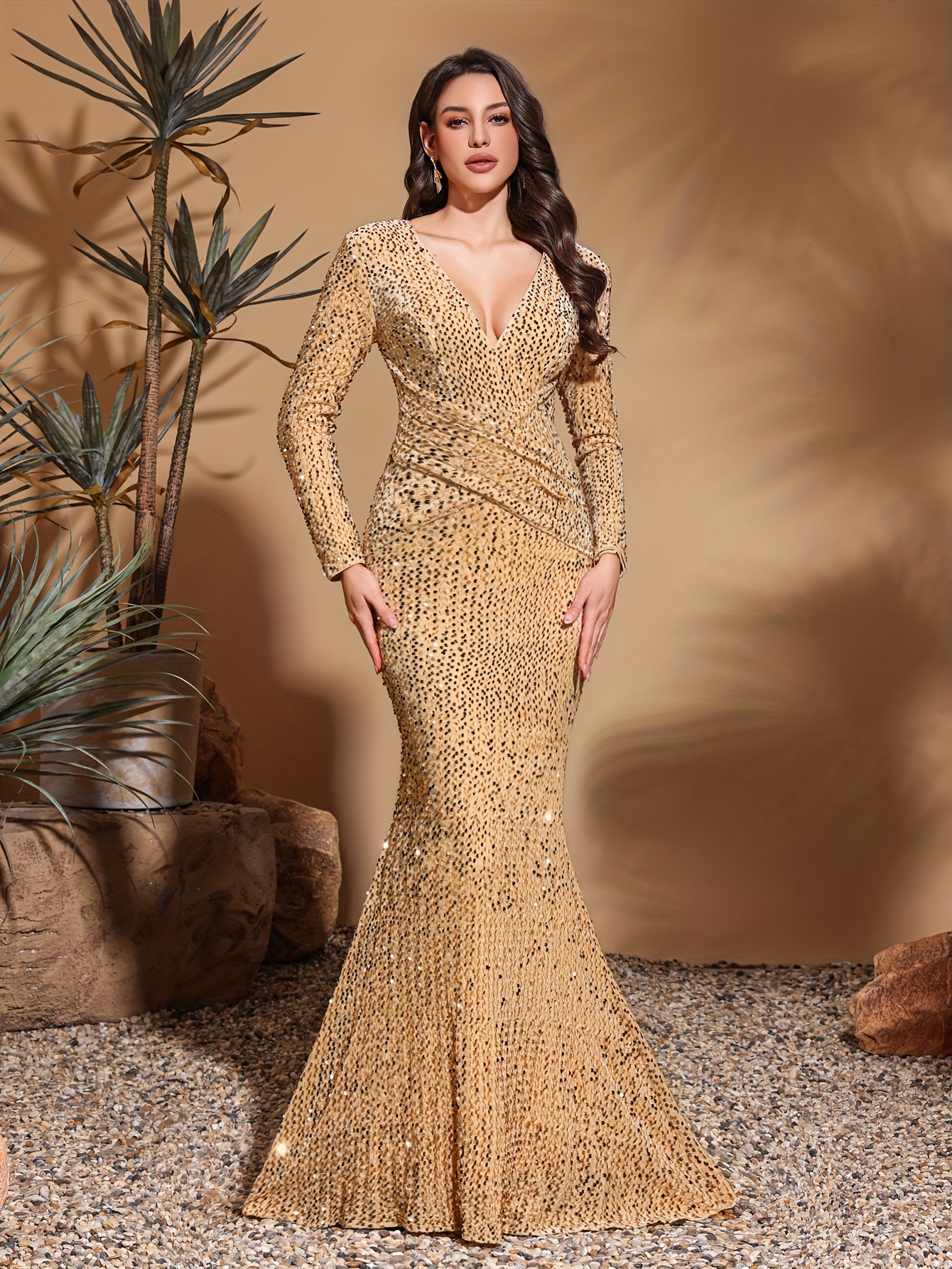 Elegant Gold Long Gowns With Sleeves Glitter Long Sleeve Mermaid Dress By  Ladivine CD864  ABC Fashion