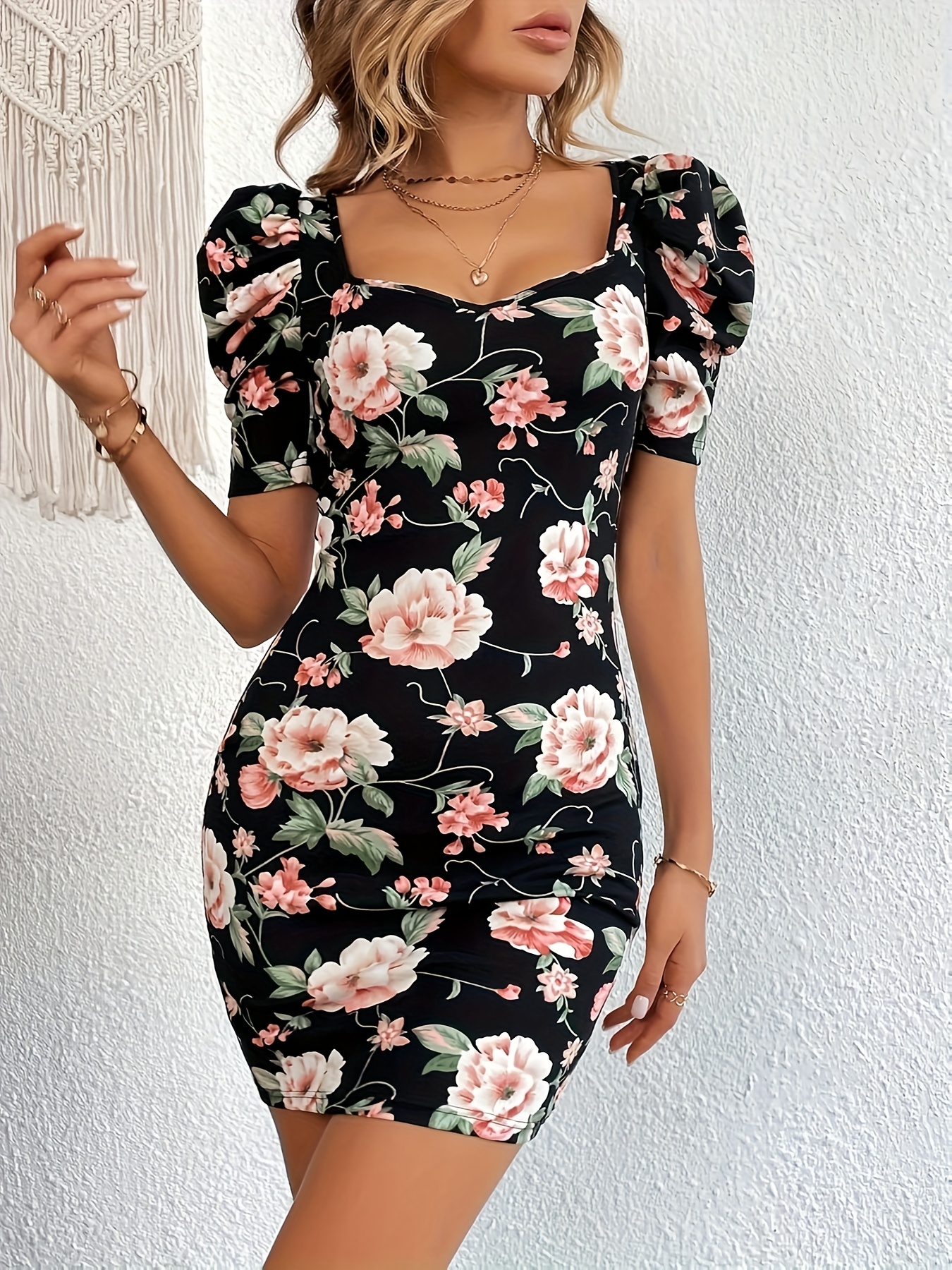 Elegant Floral Print Bodycon Dress Black with Pink White Flowers,  Square Neck, Short Sleeve Adult, Stylish Casual Wear, Casual