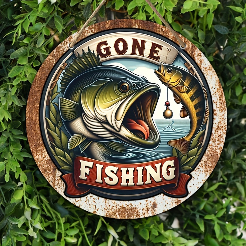 1pc Wooden Hang Tag Sign, Go Fishing Largemouth Bass Fisherman Round Wreath  Sign, Farmhouse Decor, Summer Wreath Sign, Front Door Decoration Sign, Doo