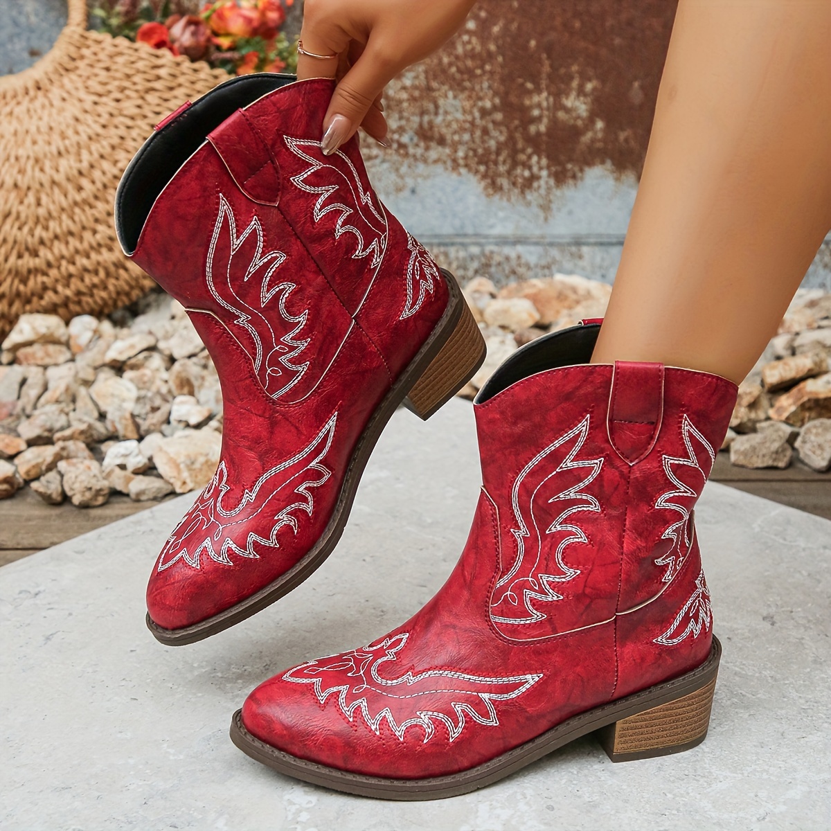 

Women's Embroidered Western Cowboy Boots – Plain Toe, Man Made Upper, Fabric Lining, , Insole – Mid-calf Boots For Fall/winter