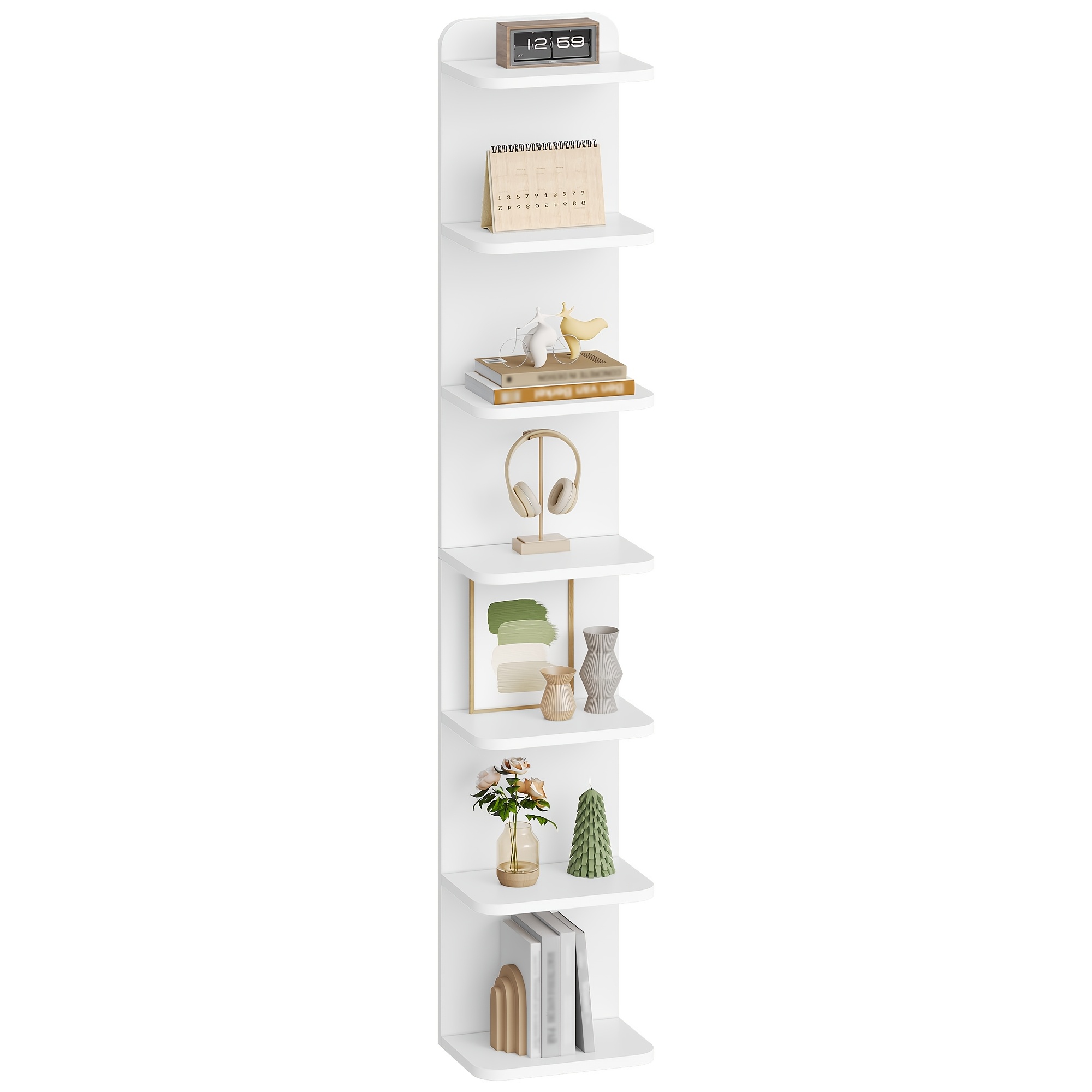 TEMU Wall-mounted Bookcase, Floating Bookshelf, 7-tier Shelf, 24 X 30 X 186cm, For Living Room, Bedroom, Study, White