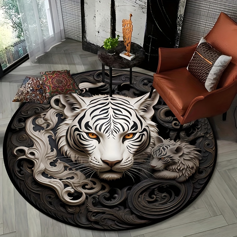 

800g/m2 Crystal Velvet 800g/m2 3d White Tiger Round Rug Animal Sculpture Printing Round Mat For Living Room Bedroom Lounge Rug Home Decor Chair Mat