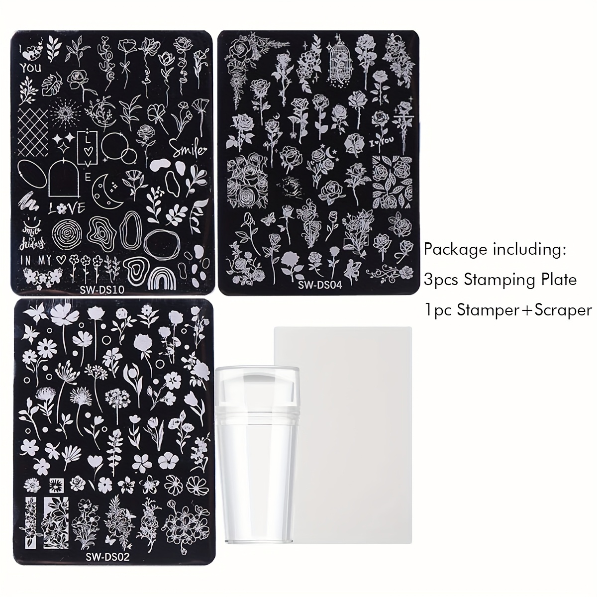 3pcs Rose Flower Stainless Nail Plate With Stamper Set, Spring Flower Leaves Plant Y2k Moon Patterns Nail Printing Stainless Steel Stencil Template For Manicure