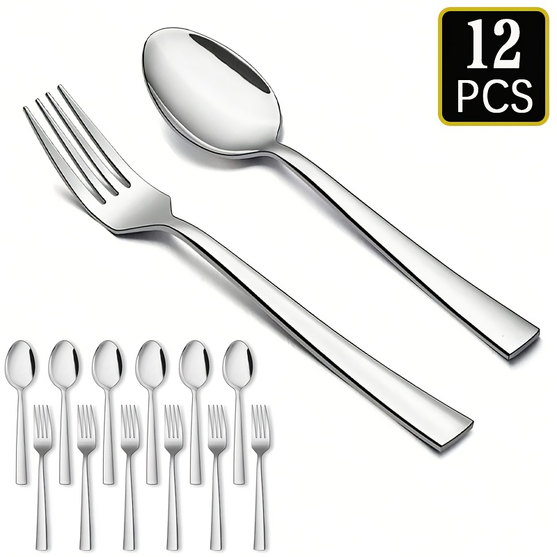 TEMU 6/12pcs Set - Stainless Steel Cutlery Set, Mirror Polished - Dinner Fork   Dinner Spoon, Ideal For Home Kitchens, Hotel Restaurants, Wedding