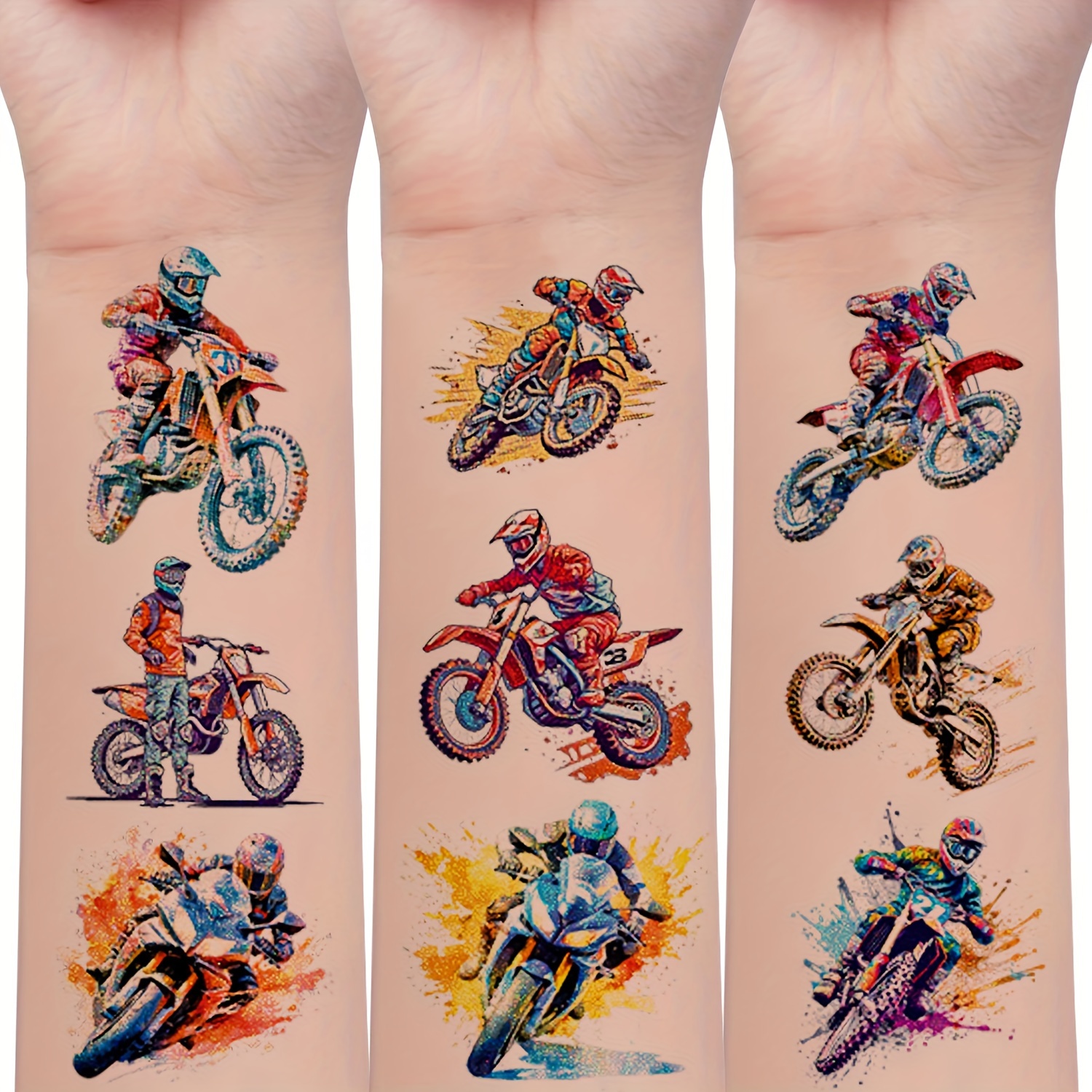 12pcs Glitter Temporary Tattoo Stickers, Cartoon Motorcycle Series 138  Off-* Designs, Sparkling Fun Artistic Makeup Tattoos Birthday Party Gifts