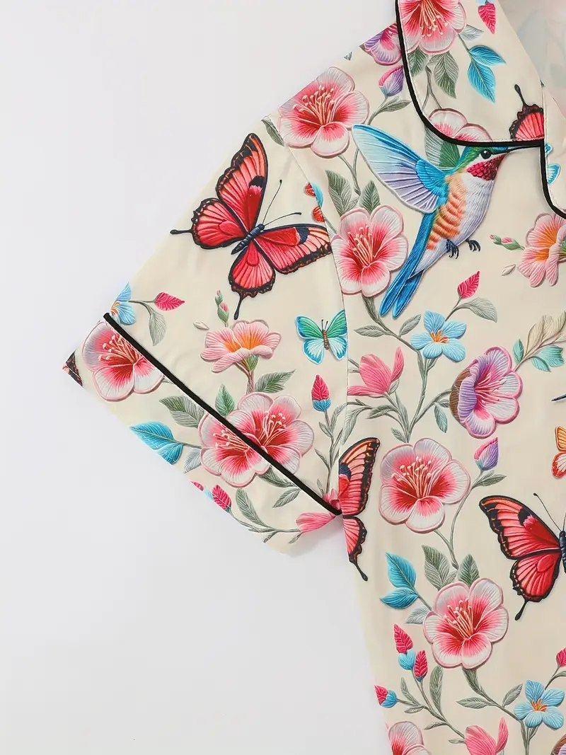 womens pajama set piece ensemble featuring cute cartoon animal designs with butterflies and birds a casual collared top drawstring waist shorts and long pants suitable for summer and made from comfortable fabric with button pocket details for adult loungewear Product details 5