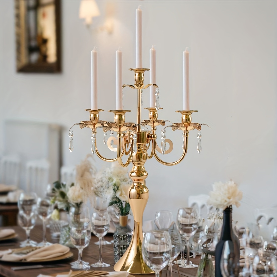 E-shop Hochzeitsrequisiten, Eisen, galvanisiert in Gold oder Silber, 5-Kopf-Kandelaber mit Kristallen, geeignet für Geburtstage, Partys, Hochzeiten,