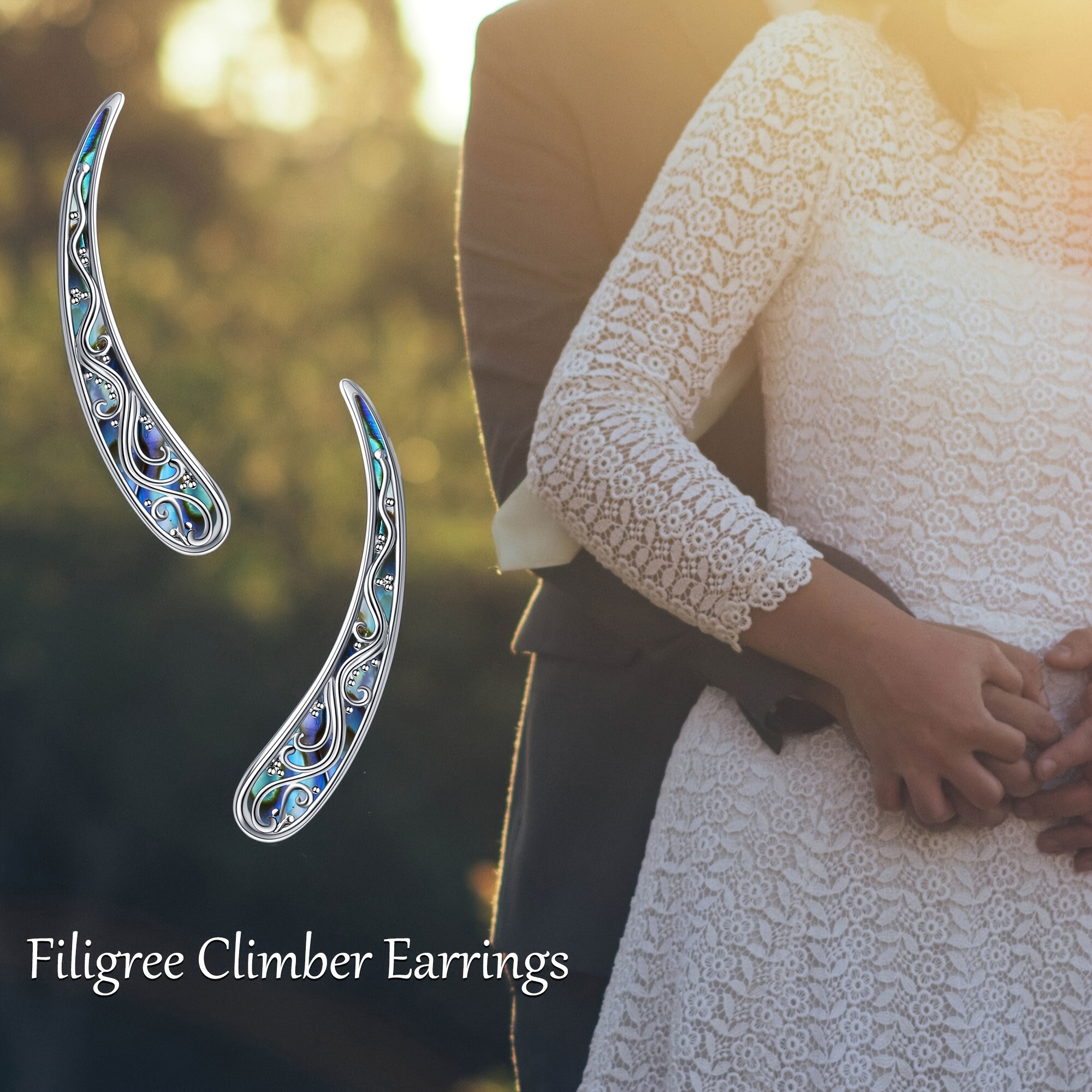 Women's 925 Sterling Silvery Filigree Ear Crawler Earrings with Abalone Shell
