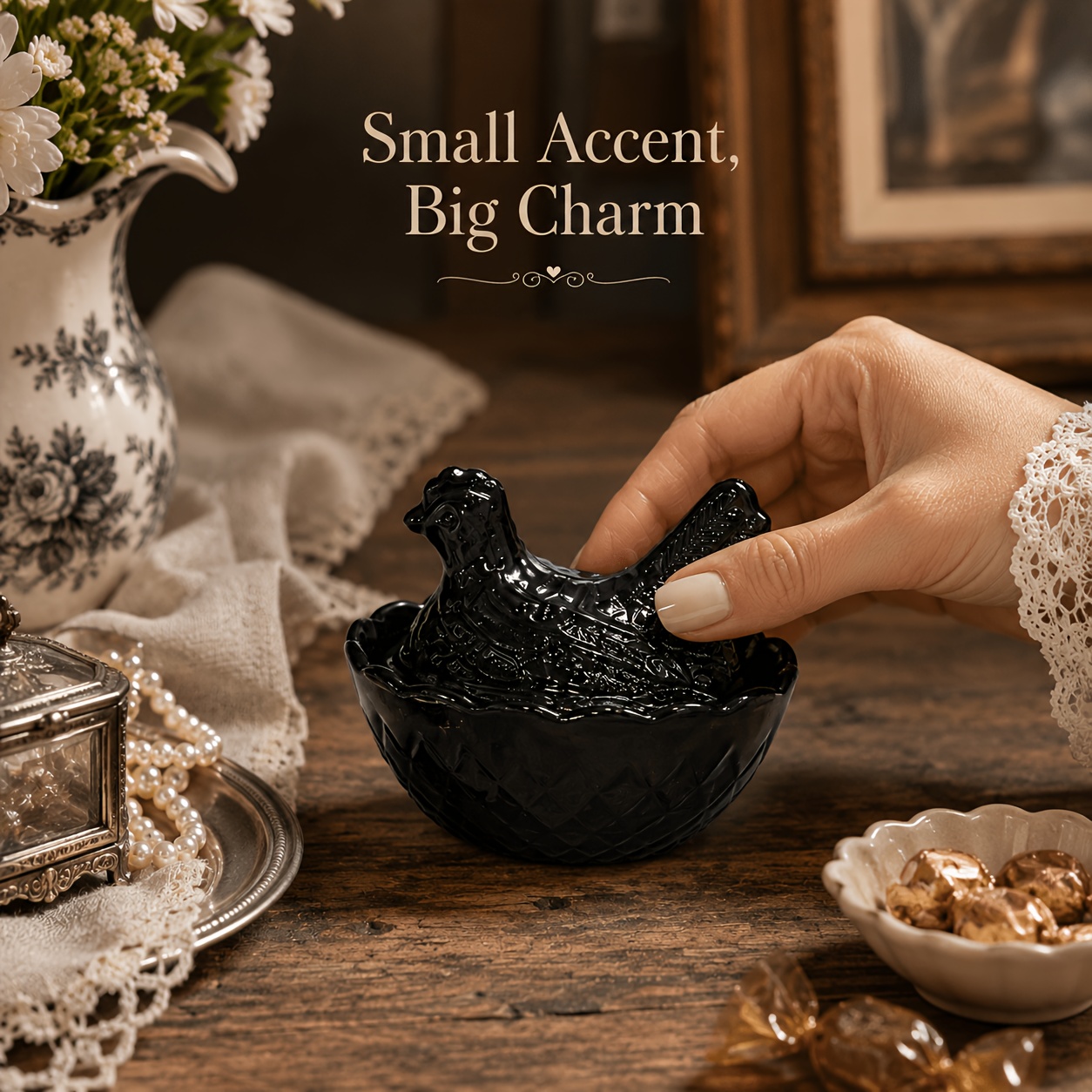 TEMU 2pcs Set Embossed Mini Chicken Crystal Glass Candy Dish With Lid, Embossed Hen On Nest Container, Victorian Dark Gothic Reusable Decor, Jewelry