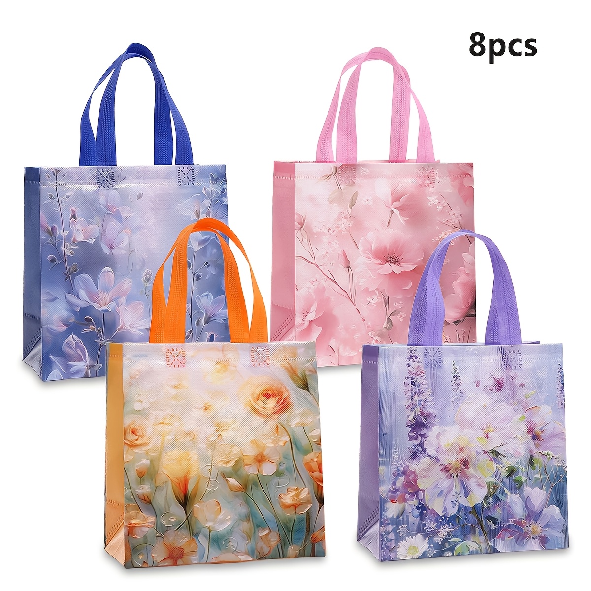E-shop 8 Stk. Frühlings-Tragetaschen aus Vliesstoff im Ölgemälde-Stil | Geschenktaschen mit Blumenmuster-Druck, universelle Einkaufstaschen für