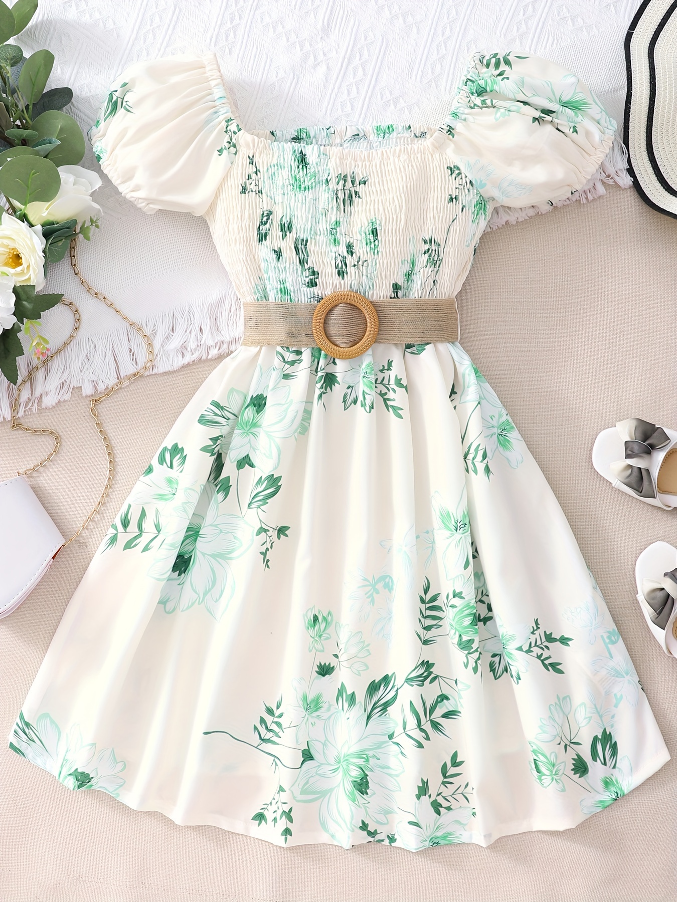 Boho Floral Neck Smocked Midi Dress Girls Holiday - Temu