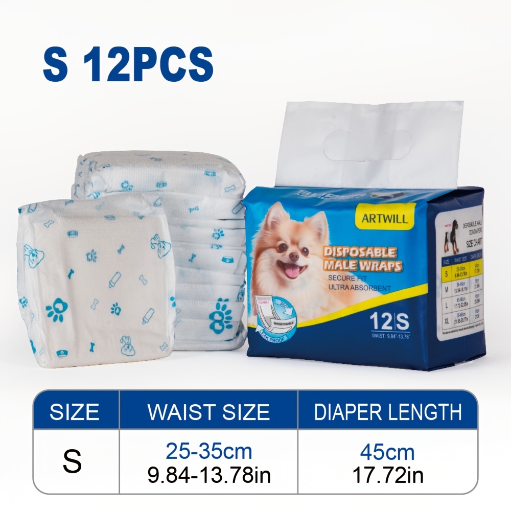 TEMU 12pcs ARTWILL Couches pour chiens mâles jetables | Couches pour animaux de compagnie ultra absorbantes pour le confort et la protection contre
