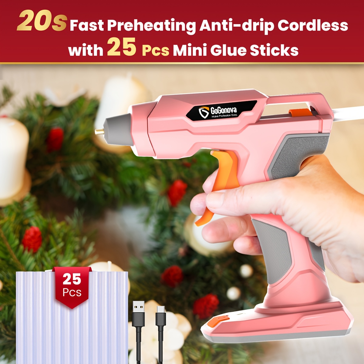 

Gogonova Glue , 20s Fast Preheating Anti-drip Cordless Glue , 2ah Usb-c Rechargeable Hot Glue Kit With 25 Pcs Mini Glue Sticks, Smart