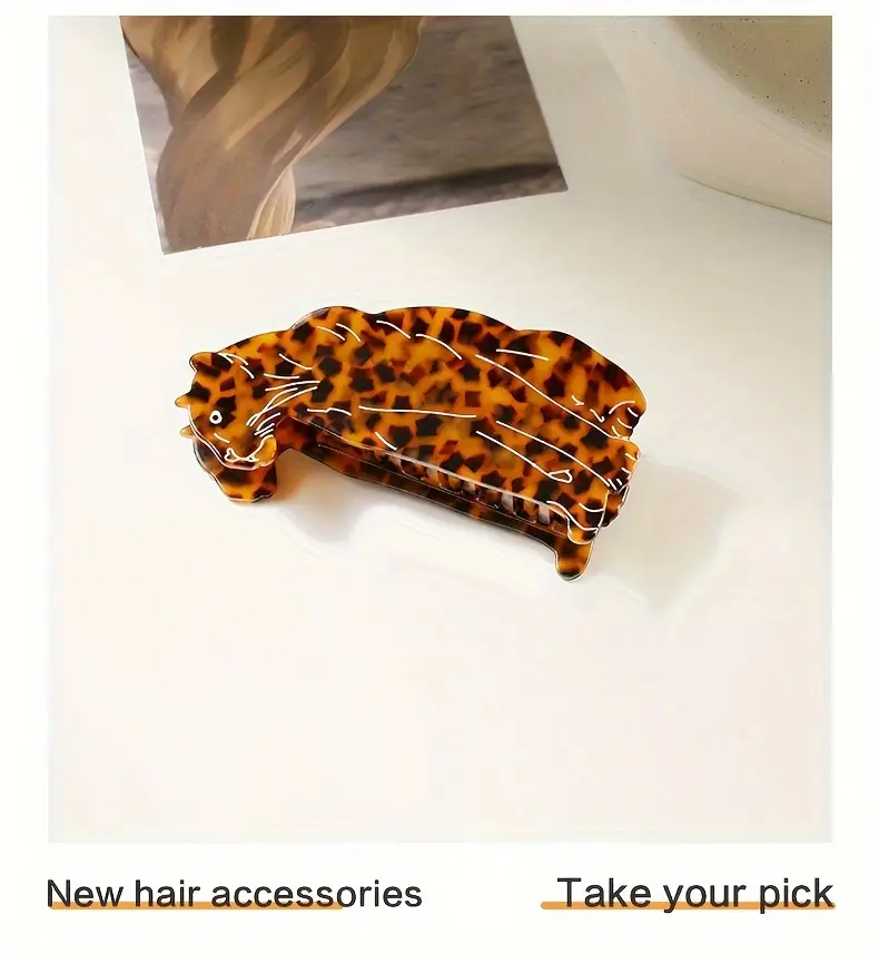 handmade leopard print acetate hair clip minimalist rectangular animal design hair accessory with vibrant orange black spotted pattern durable lightweight for womens hairstyles cute hair accessories stylish updo clip Product details 2