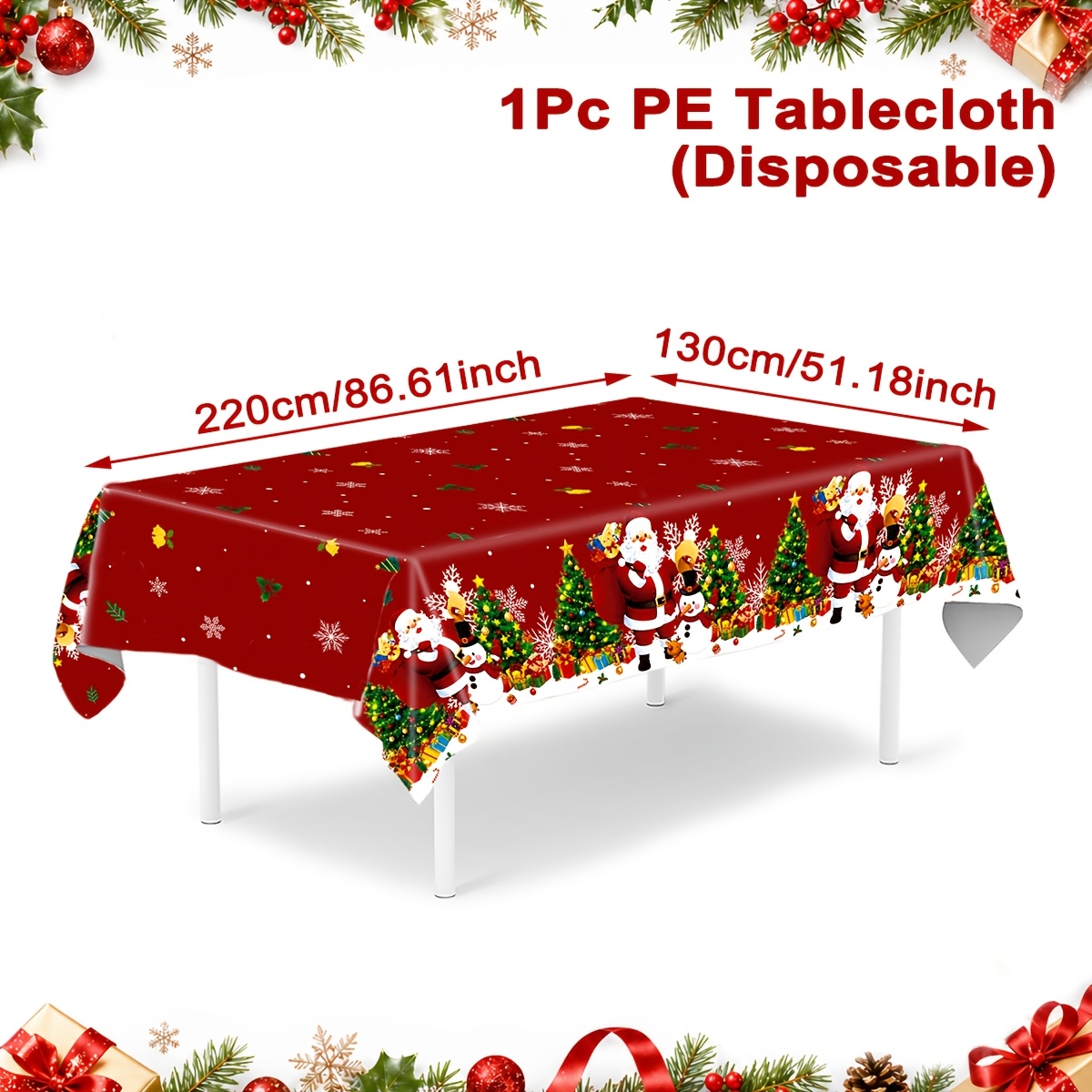 TEMU 1pc, Disposable Pe Tablecloth, 220*130cm, Santa Claus Snowman Pattern Tablecover, Merry Christmas Party Decorations, , Happy New Year Supplies,