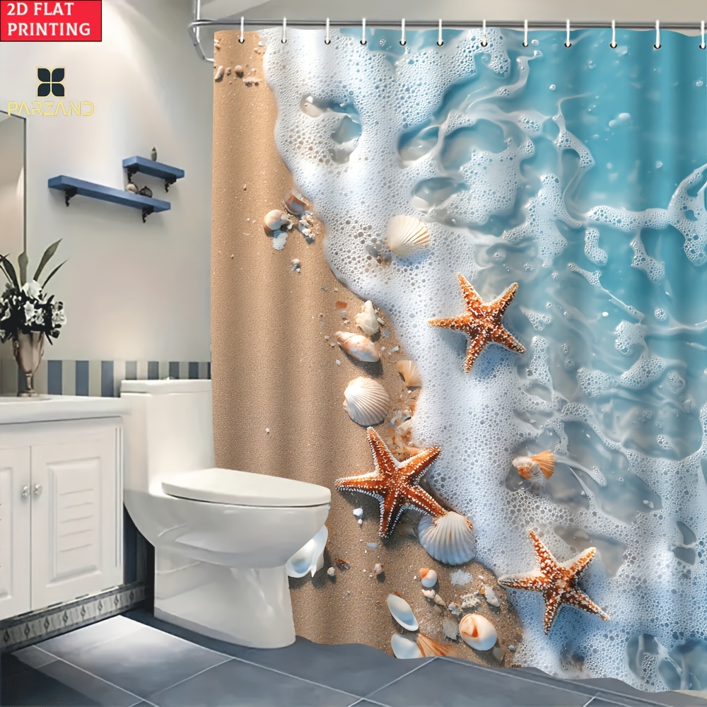 4pcs Starfish and Shells Shower Curtain Set with Bath Mat