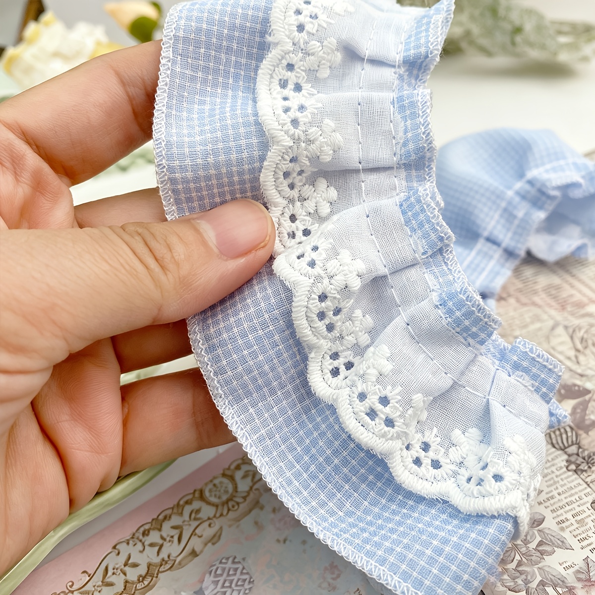 TEMU Dentelle à volants brodée à carreaux, convient pour accessoires de décoration de vêtements, ourlet de jupe, matériaux de bricolage