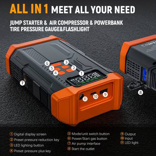 5000a jump starter with air compressor 5in 1 function jump box 150psi pack with digital tire inflator car battery charger portable for 9 0 and 8l diesel fast charging usb output led lighting car accessories tools