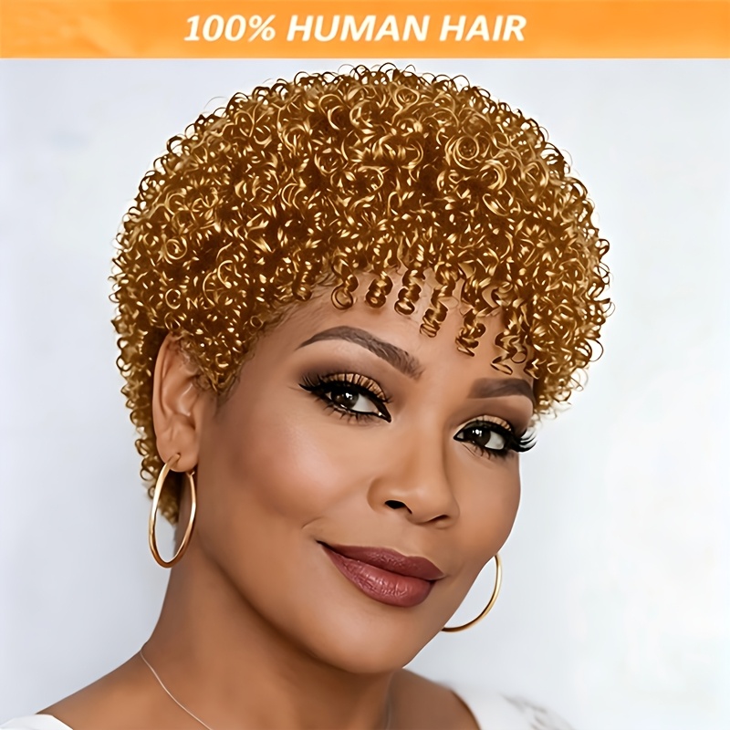 Brazilian Human Hair Wig For Women - Short Afro Style With Bangs, 4 Inches Long, Water Curly Texture, 200% Density, Made From Real Human Hair, Perfect For Parties And Cosplay