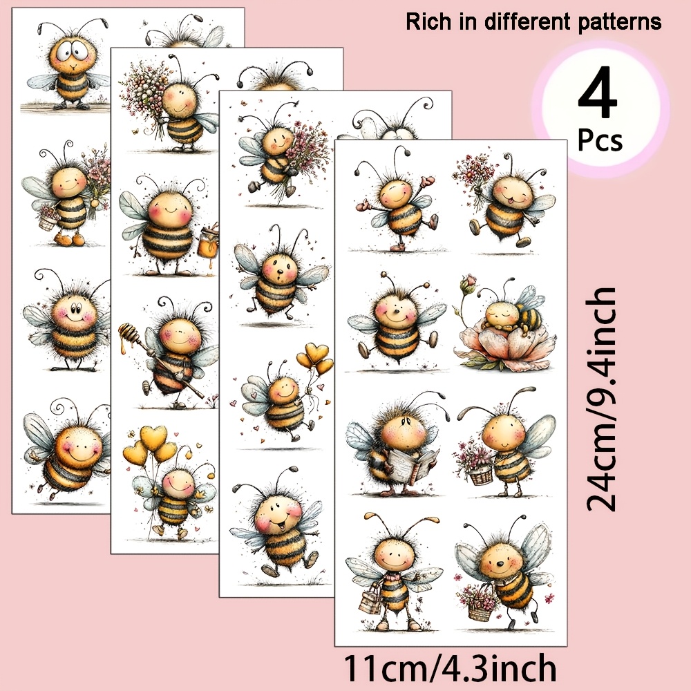4pcs/set Whimsical Bee Theme Uv Transfer - For Crafts, Mugs, Laptops & Water Bottles, Self-adhesive Plastic, Mug Decoration, Laptop, Holiday Decorations, Festive Designs, Highquality Prints, Durable