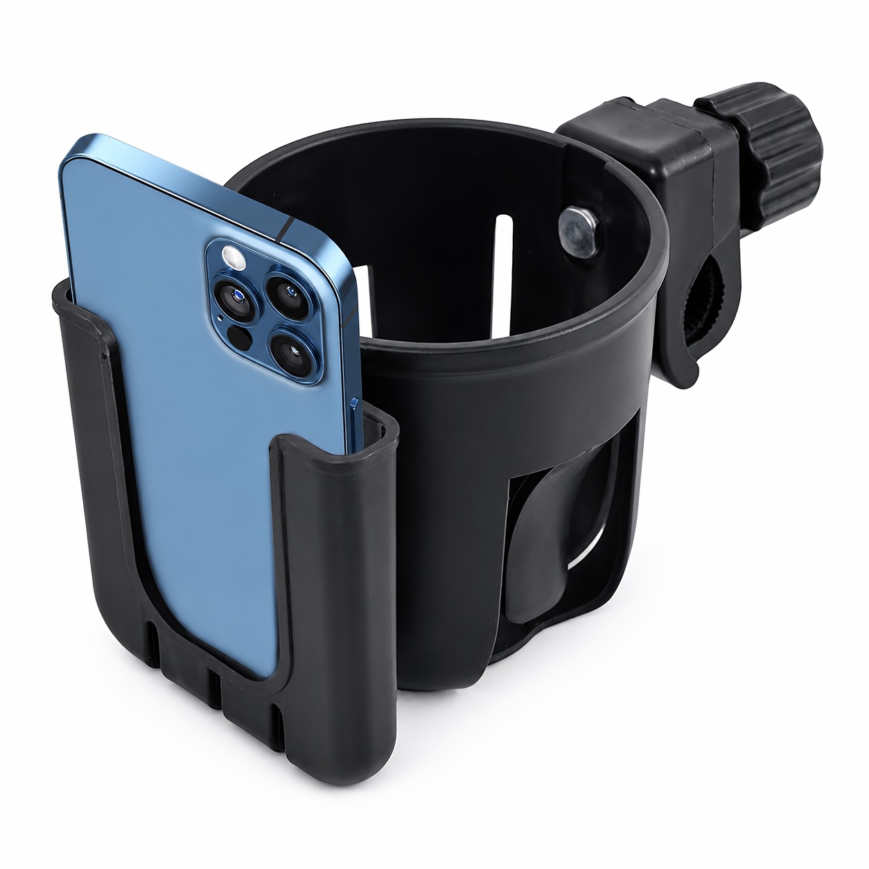 TEMU 2in 1 Universal Cup Holder With Phone Mount Clamp On For Stroller Walker Wheelchair Bike Scooter 360 Degree Rotatable Black Stroller Cup Holder