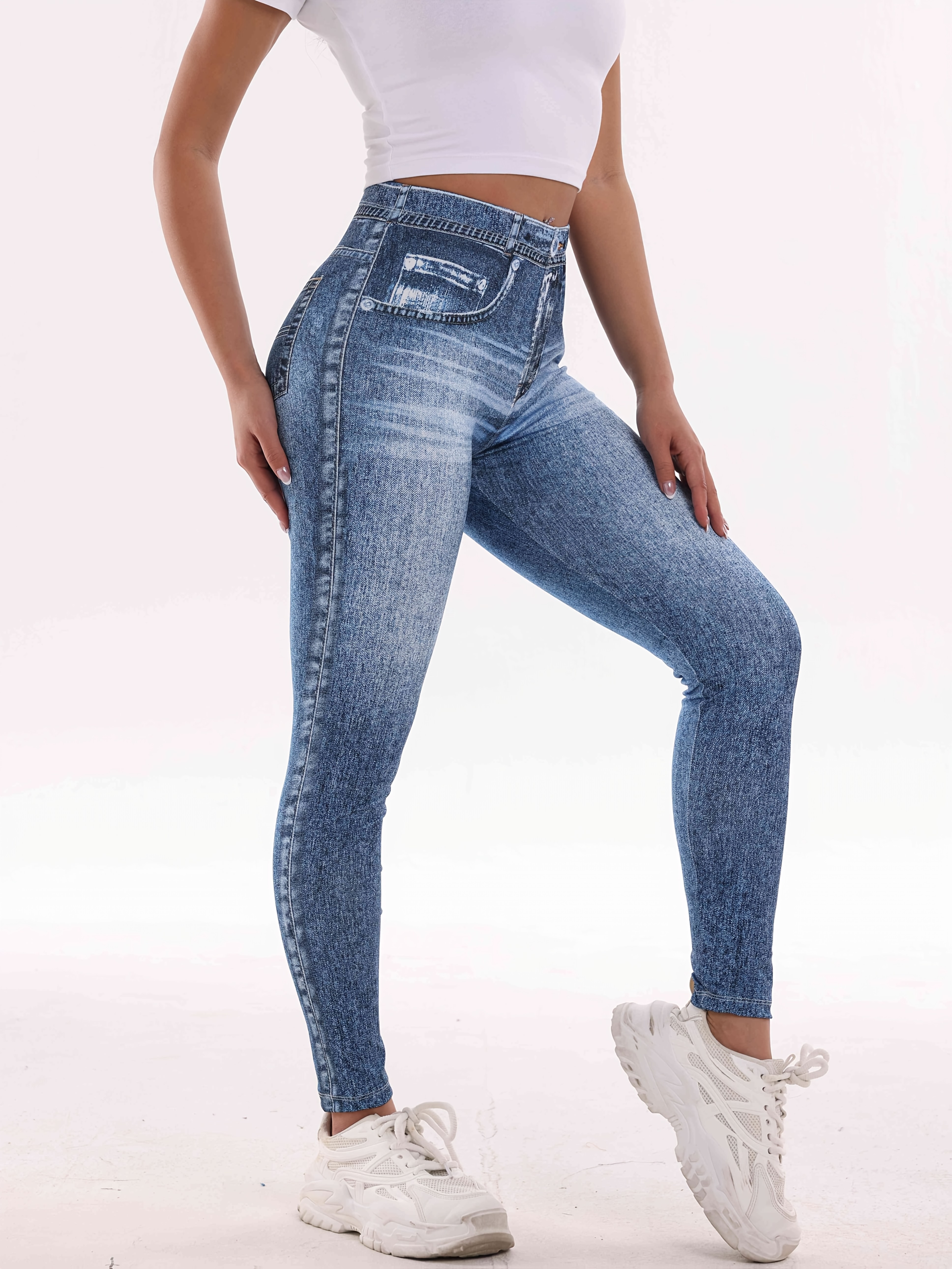 Women's High-Waisted Stretchy Imitation Denim Leggings - 7/8 Length Tight-Fit Printed Pants, Machine Washable All-Season Comfort for Workouts & Casual Outfits