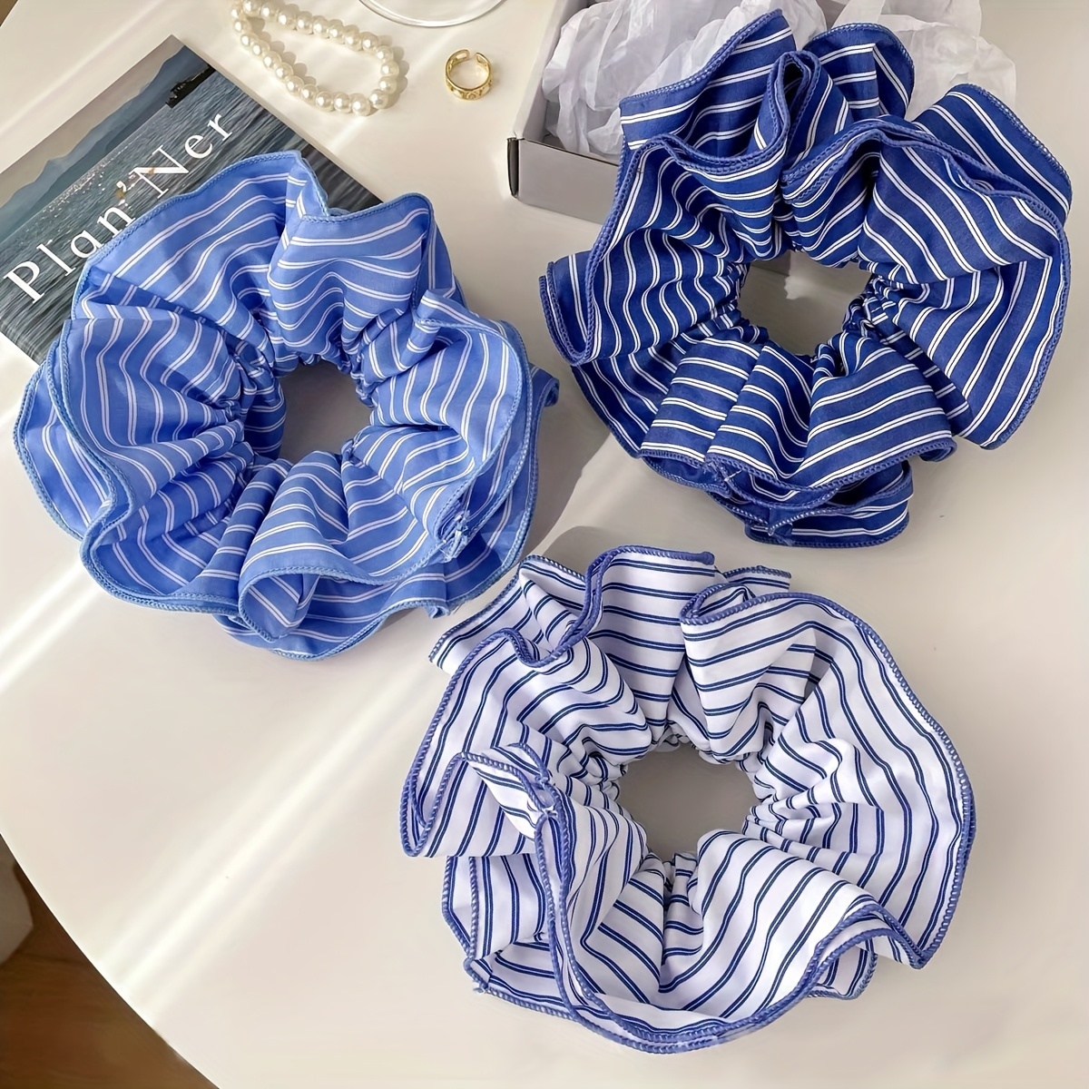 Image of 3pcs Set Striped Blue Seaside Large Hair Ties, Ins-style Refreshing Fabric Blue Donut Hair Ties For Women