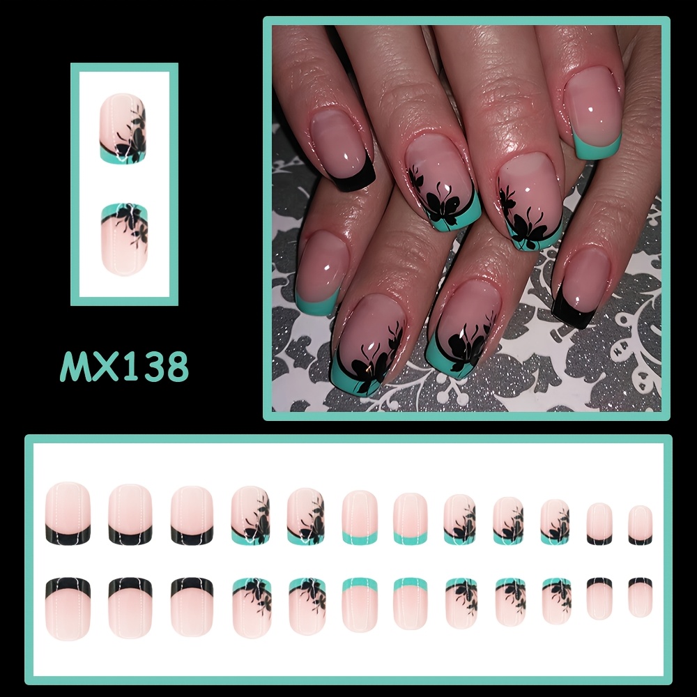 E-shop 24 Stück kurze, quadratische, aufdrückbare Falschen Nägel für den Frühling, mit schwarzen Schmetterling-French Tips, süßem Gothic-Stil, geeignet