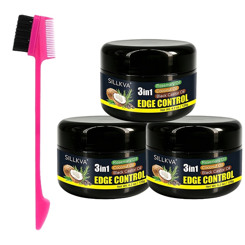 TEMU 3-pack Edge Control Hair Wax 120g With Edge Brush Set, Styling Wax With Rosemary Oil, Coconut Oil & Black Castor Oil, , Flyaways & Frizz,