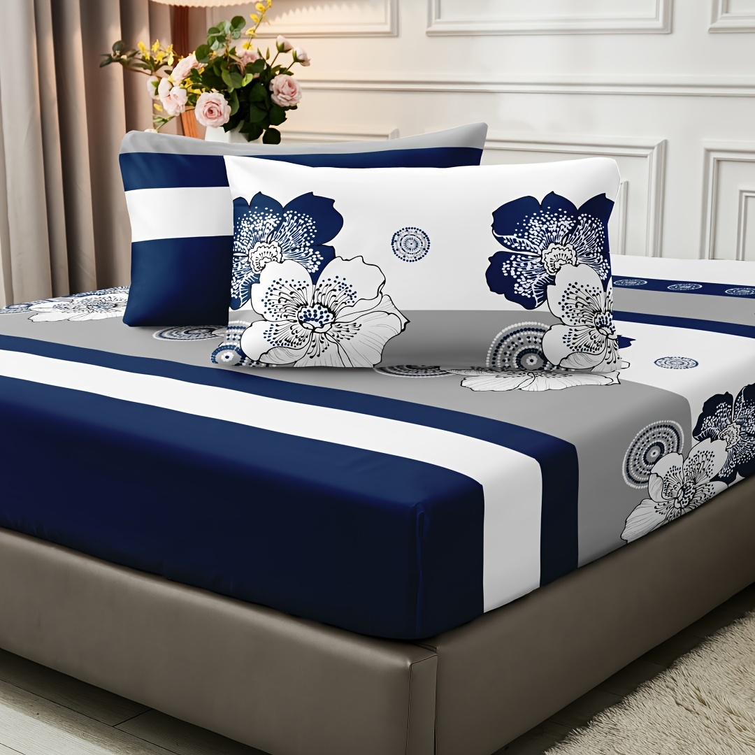 TEMU 2/3pcs, 1pc Bedskirt   1/2pcs Pillowcase, Blue And White Floral Bedskirt Set. Half-pack Design, With Classic White, Suitable For Home, Hotel,