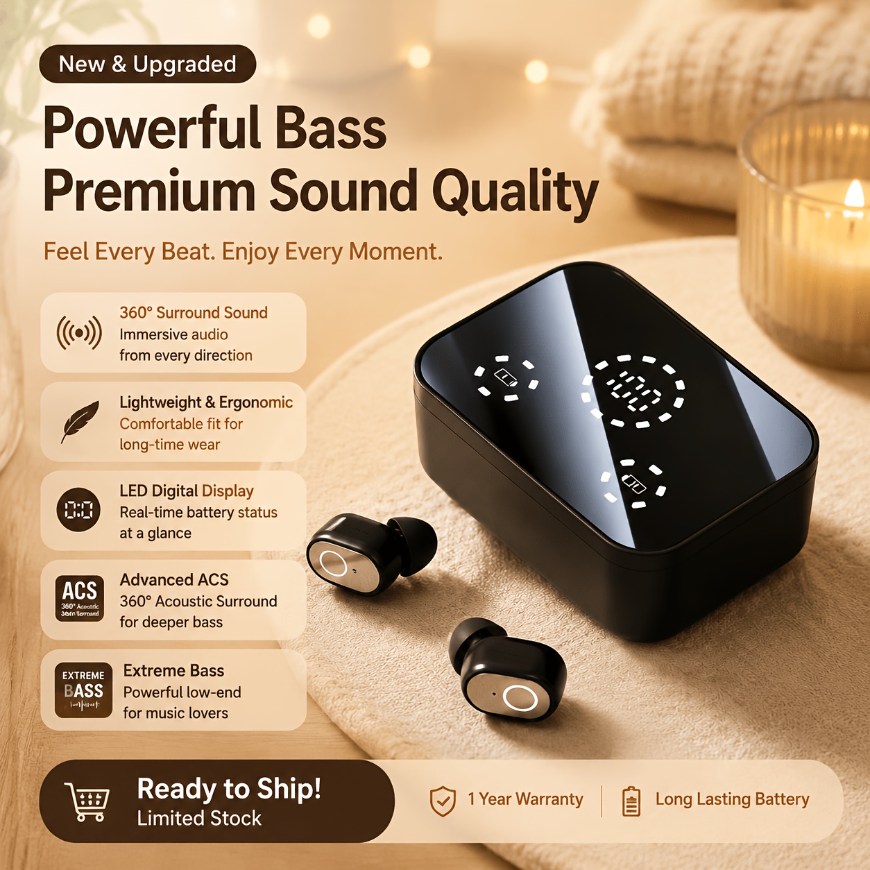 gambar barang fon   wayarles dalam telinga  ,   bateri panjang, paparan kuasa led, kualiti bunyi stereo hifi surround, pengurangan hingar pintar enc, bunyi anti-bocor