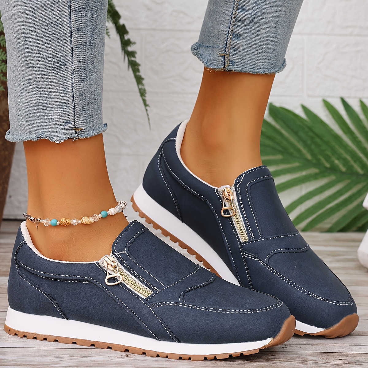 166-23 Navy Blue Women'S Casual Sports Shoes, Suitable for Use During 11 Different Holidays, Comfortable Flat Casual Sneakers for Women, Featuring Double Zipper Closure, Breathable Fabric Upper, Available in Navy Blue And Pink, Round Toe, TPR Sole