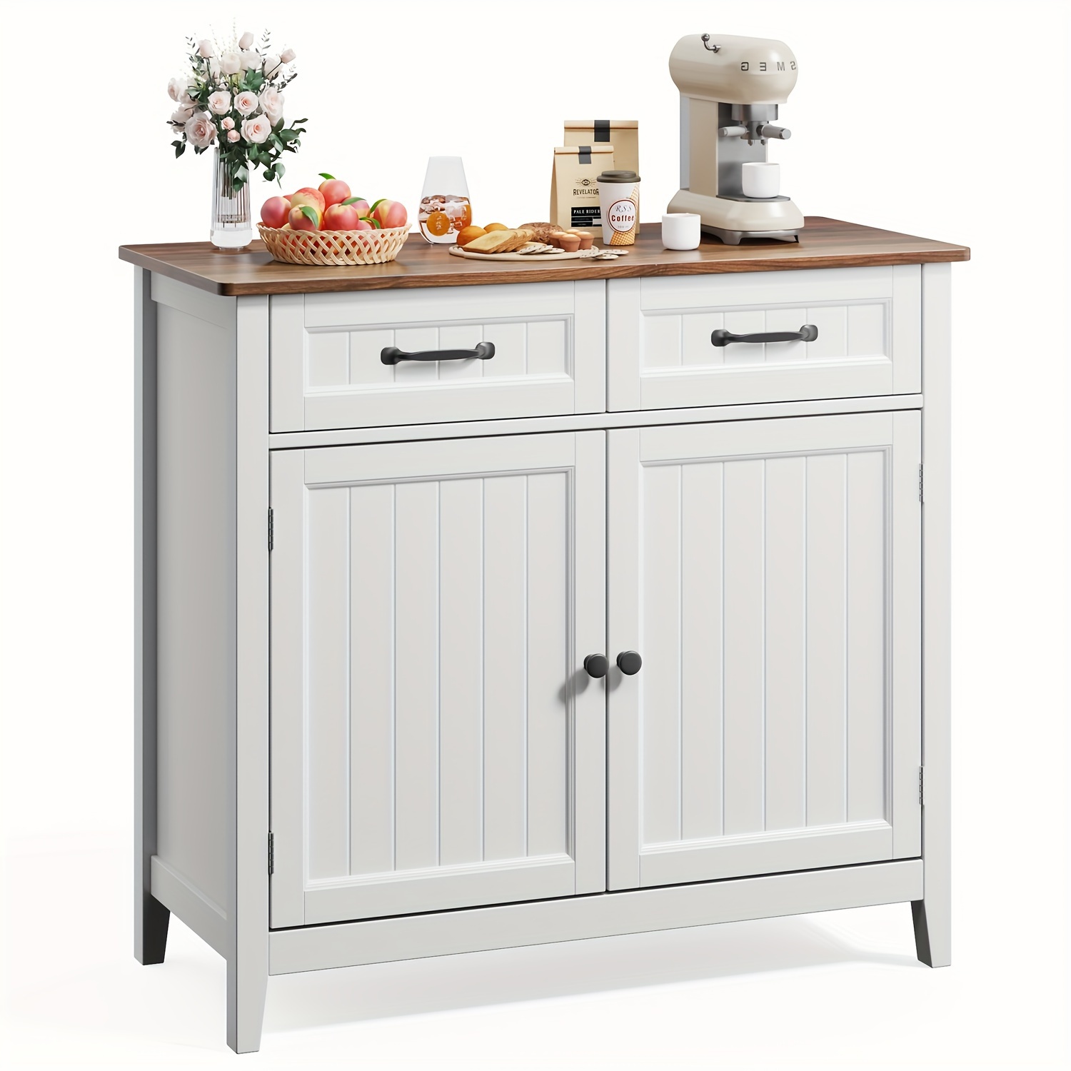 Image of Retro Freestanding With Adjustable Shelf & Drawer - Spacious Kitchen Buffet Island Suitable For Kitchen, Dining Room, Entryway, Coffee Bar, Wood, -standing Furniture