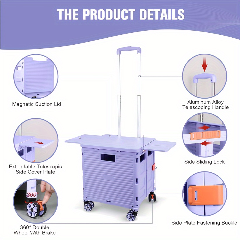 

Foldable Portable Rolling Handcart With Magnetic Sliding Cover And Telescopic Handle, 4 Detachable 360 ° Rotating Noiseless Wheels - , Suitable For Travel, , Procurement, Picnics, Purple Pro