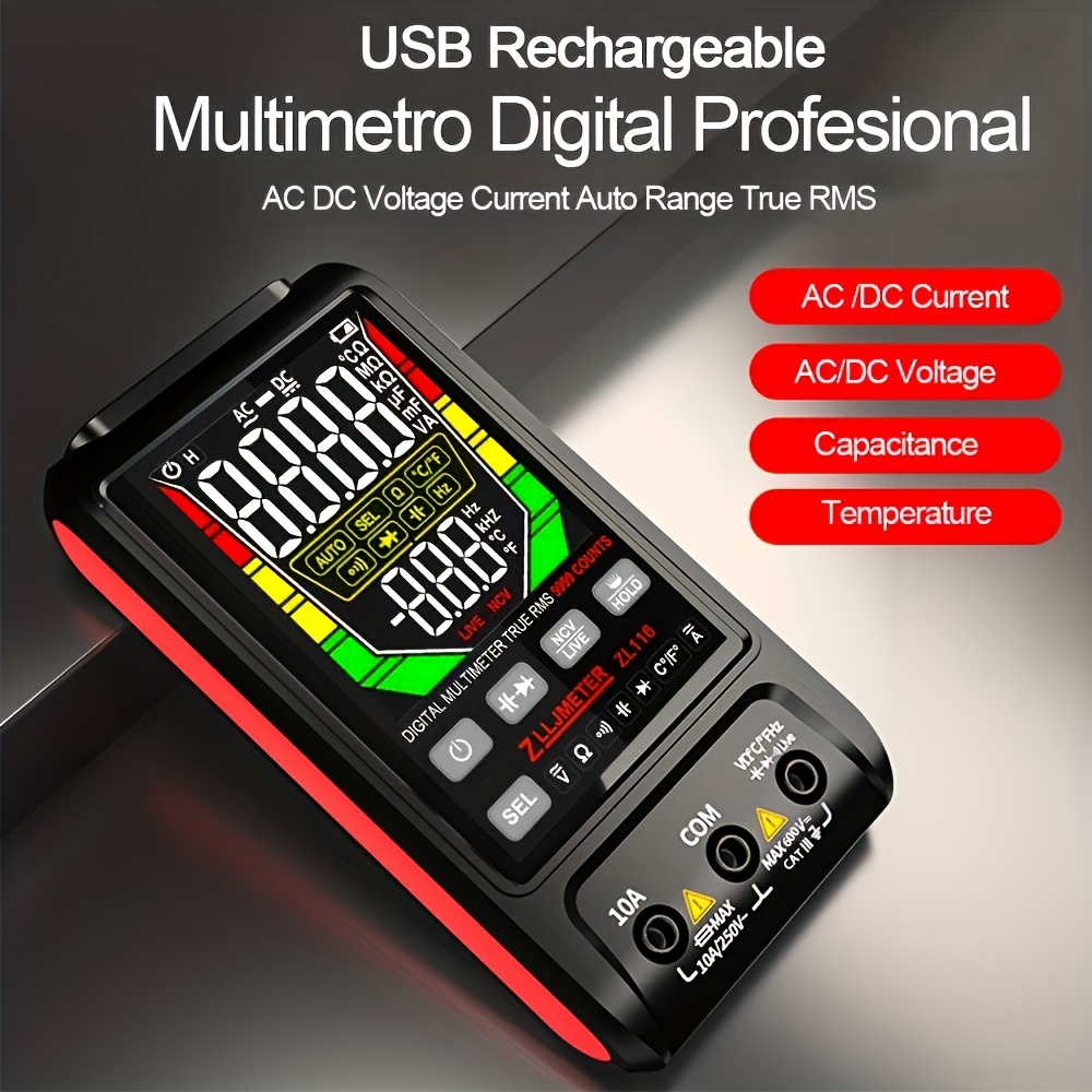 Multímetro digital profesional recargable por USB, con rango automático, medición verdadera RMS, capacitancias, temperatura y ohmios, probador de corriente y voltaje AC/DC