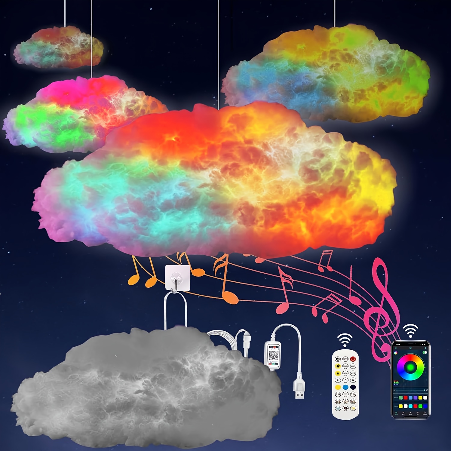 TEMU 3d Thunder Cloud Lamp With Music Sync And Multicolor Rgb Lighting | Usb Powered, App/wireless Remote Control, 360° Mountable Indoor Seasonal