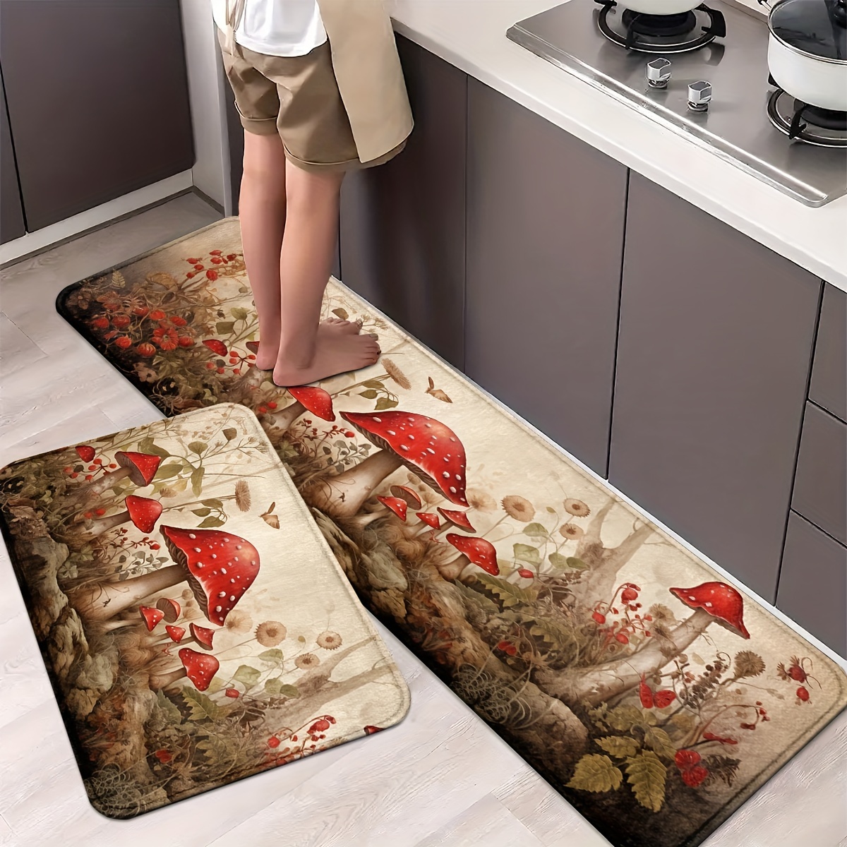 

1/2pcs, Mushroom Kitchen Mats, Non-slip And Bathroom Pads, Comfortable Standing Runner Rugs, Carpets For Kitchen, Home, Office, Sink, Laundry Room, Bathroom, Spring Decor, Different Sizes Separately