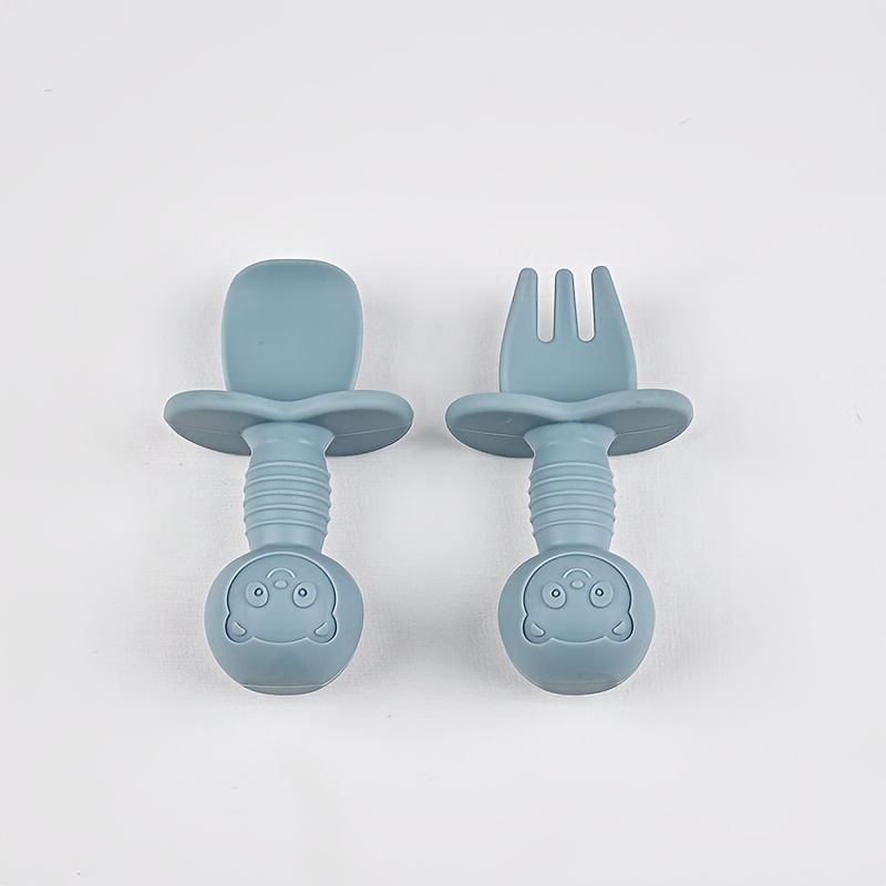 Image of 2pcs Baby Set - Food-grade Silicone, -tip, Bite-safe, Short-handle Cartoon - Toddler Self-feeding Training Utensils For 0-3 Years, Gifts For Christmas & Halloween