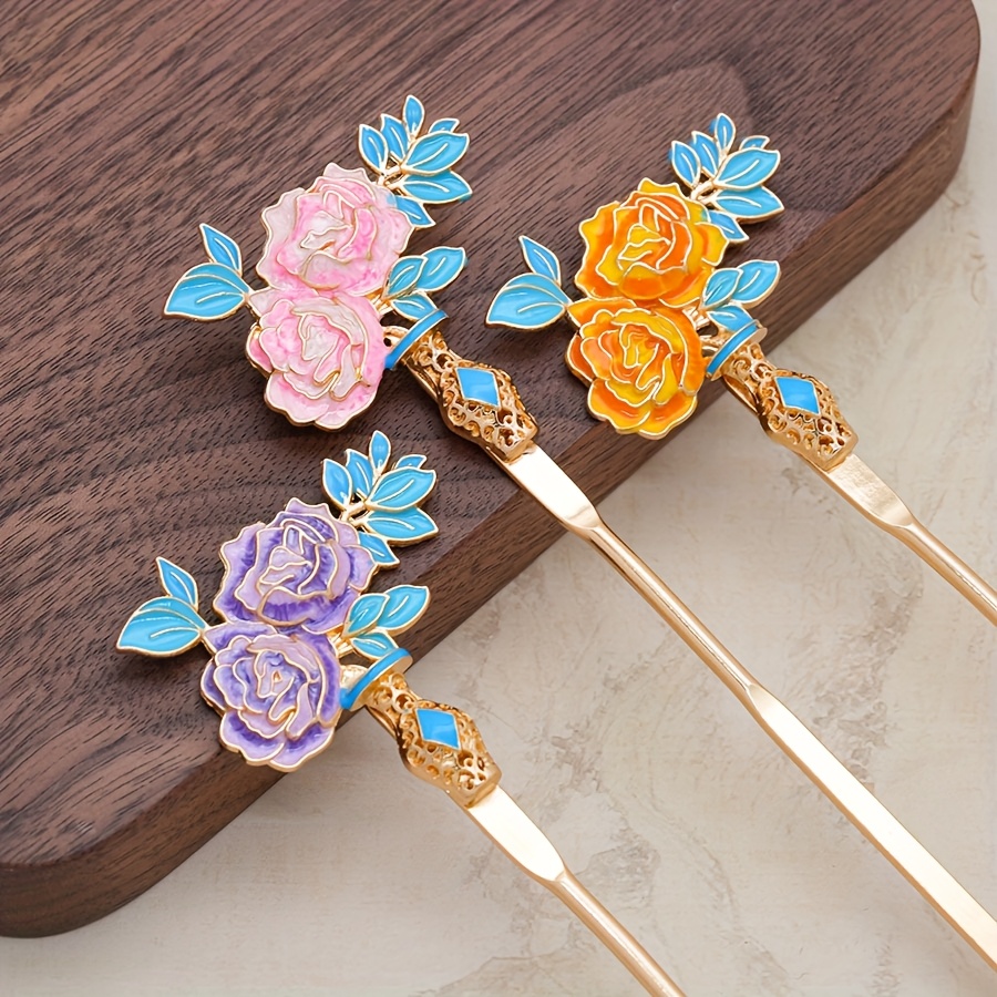 3pcs chinese style hair pins with candy colored   golden accents traditional asian hair accessories for parties daily wear back to school Product details 0