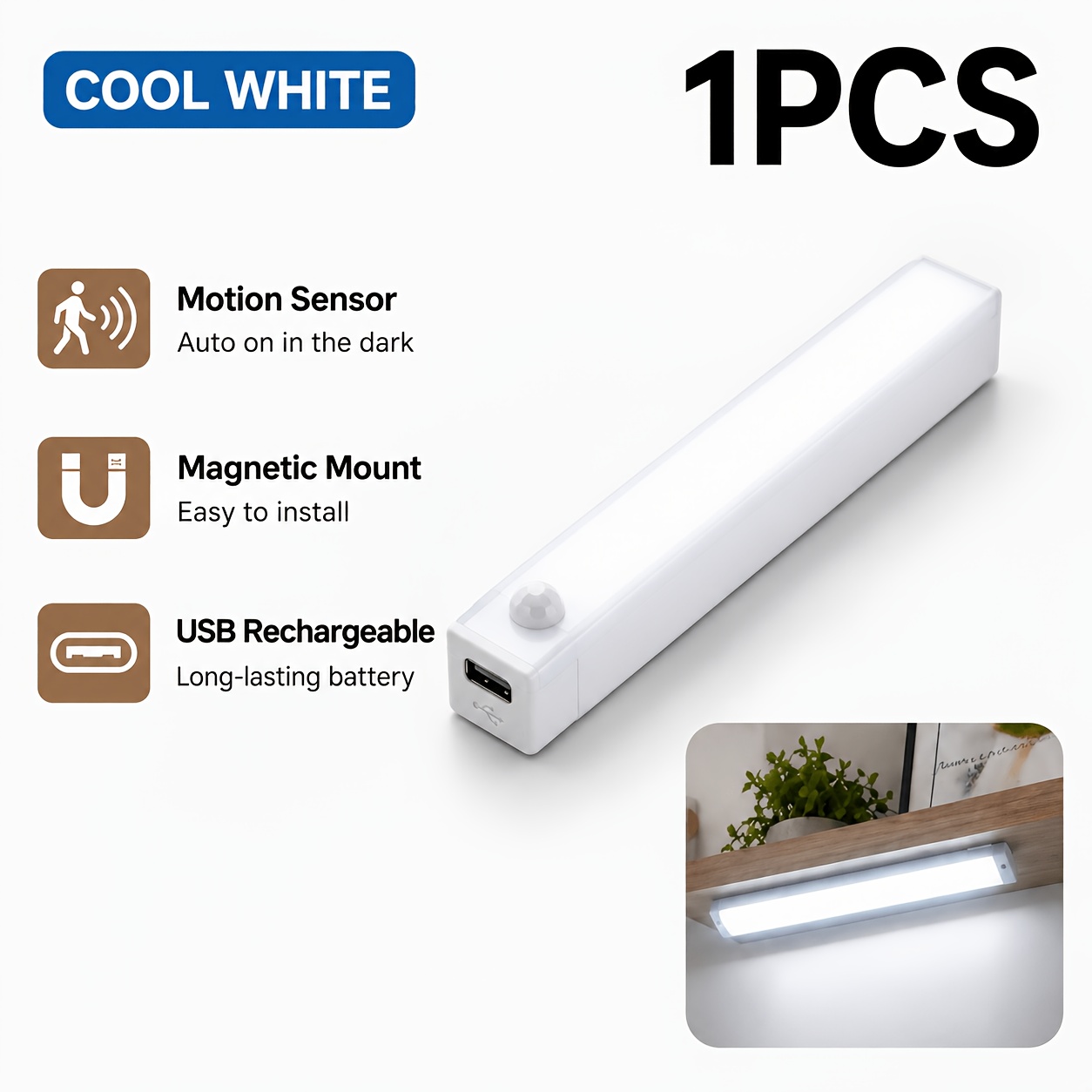 TEMU Luz Nocturna Recargable con Sensor de Movimiento, Luz LED Magnética USB para Gabinete, Opciones Frío/ , Luz Inalámbrica para Armario, Cocina,