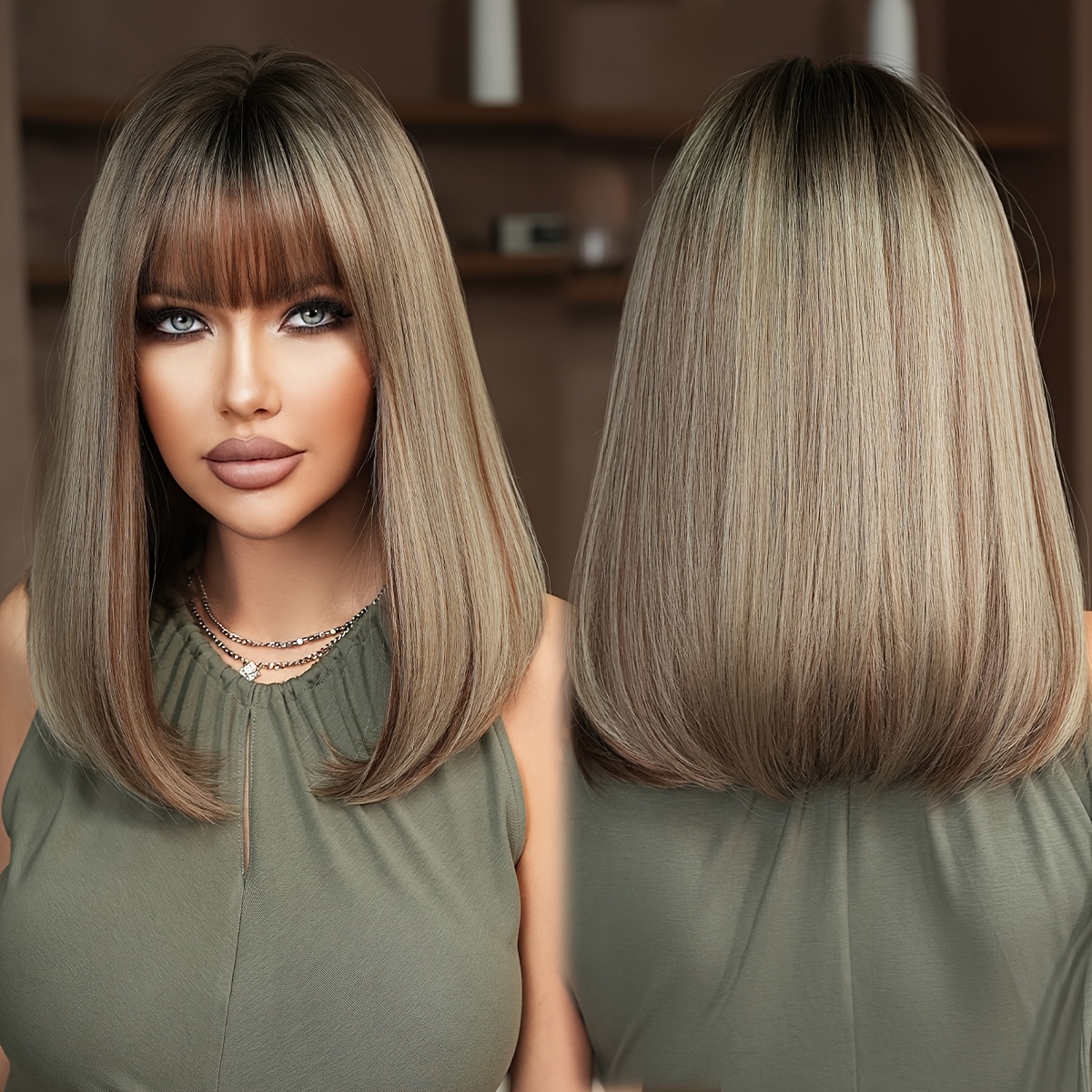 E-shop 7JHH WIGS Damen Lange Glatte Synthetikperücke mit Dunkelbraun/ Highlights & Dunklen Wurzeln - Hochdichte Hitzebeständige Haare, Geeignet für den