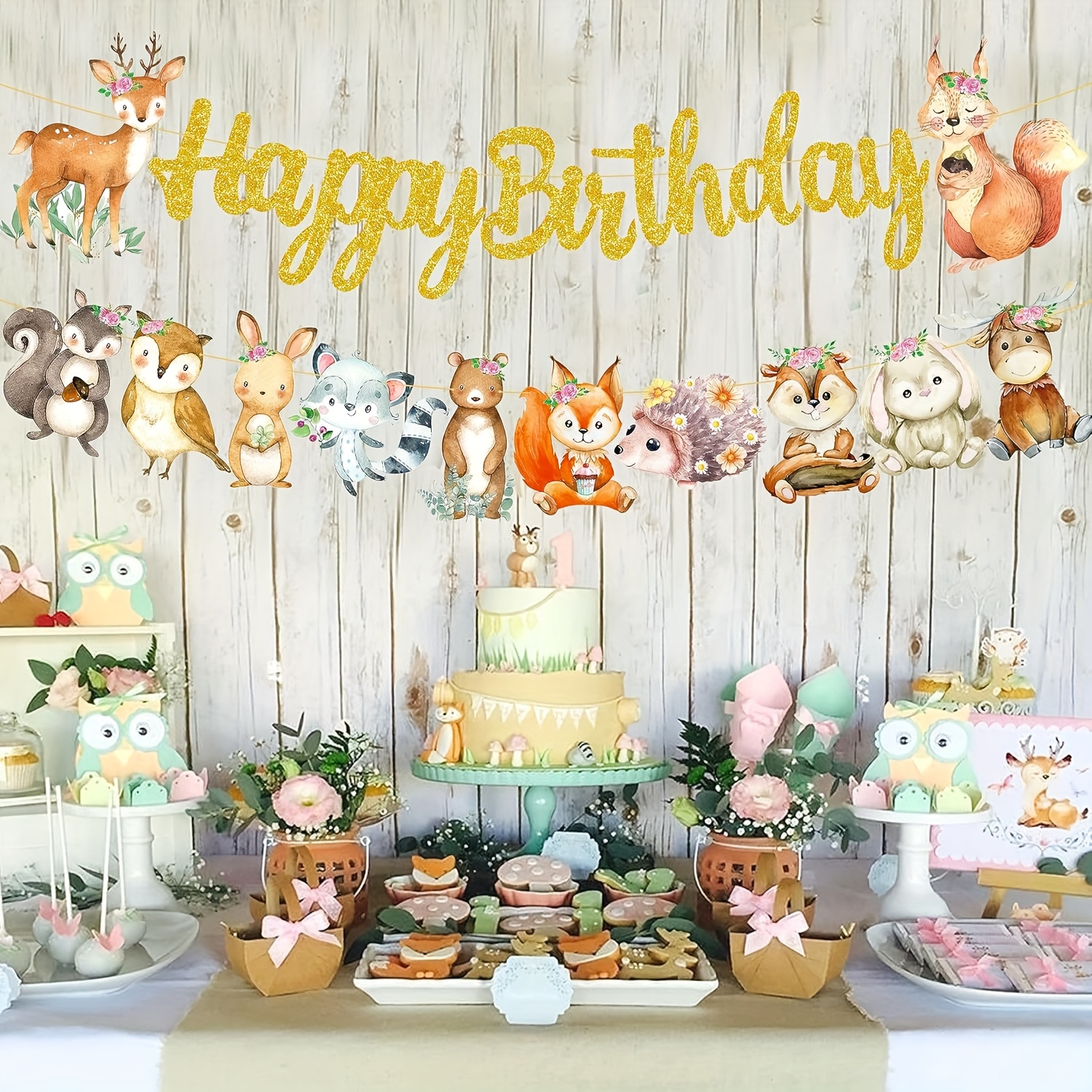 Image of 1 Set Of Forest Animal Birthday Banner, 1 Set Of Forest Creature Banner, Hollow-out Forest Animal Banner, Woodland-themed Party Decorations For Kids' Forest Animal Birthday Celebration