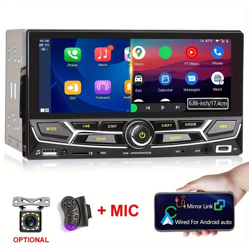 10.1 Inch Adjustable Removable Touch Screen Car Stereo Single Din Apple  Carplay Android Auto Car Radio Bluetooth FM Car Audio Receiver Support TF  AUX