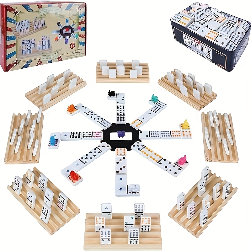 

Double 12 Dominoes Adult Set With 8 Wooden Trays, 9 Train Markers, 91 Colorful Dominoes In Tin Box And - Classic Family Board Game Set