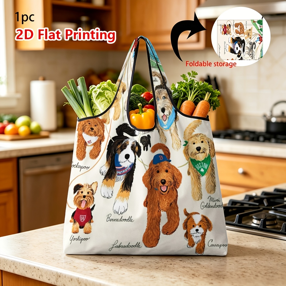 TEMU (printed Design Not Textured) 1pc Reusable Grocery Bags Foldable Cute Dogs Pattern Large Shopping Tote Bag For Daily Grocery Storage