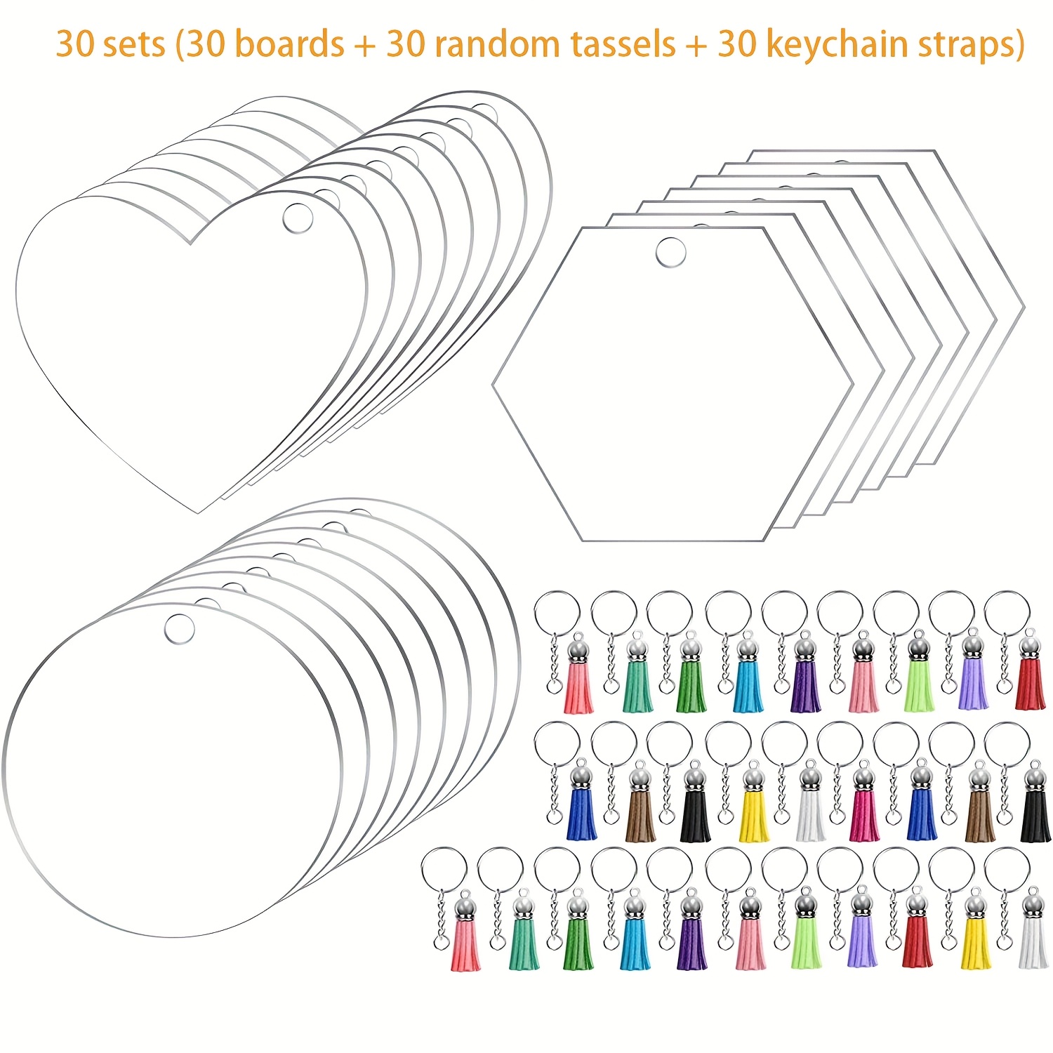 Image of [2d Flat] [2d Flat] 30 Sets (30 Boards, 30 Random Tassels, 30 Small Rings, 30 Ring Chains) 2d Three-shape Transparent Acrylic Keychain Blanks, Colorful Tassel Acrylic Keychain Bases