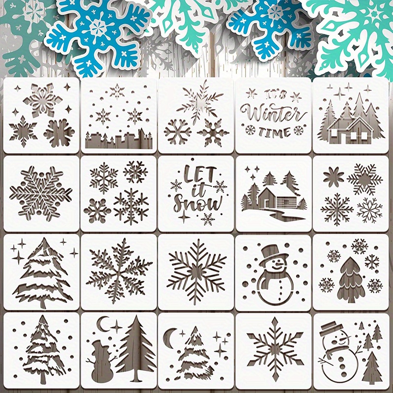 Set Of 20 Reusable Stencils For Winter-themed Painting On Wood Or Canvas, Featuring Snowflakes And ' Snow' For Holiday Decorations