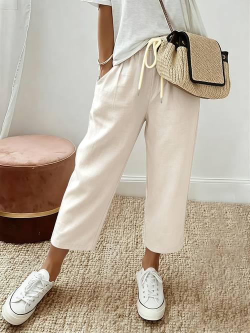 womens elegant cropped wide leg trousers elastic waist suitable for commuting office casual wear cropped length 7 free pockets machine washable solid color pants for spring summer fall regular fit